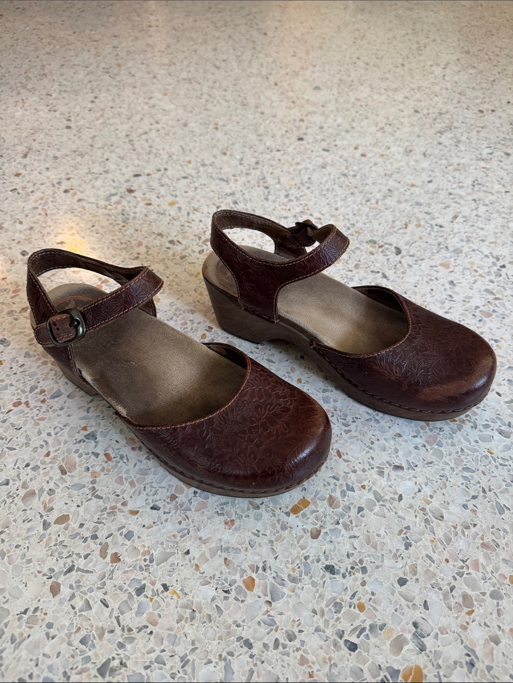 Dansko Brown Leather Floral-Embossed Mary Jane Clogs - Picture 5 of 7